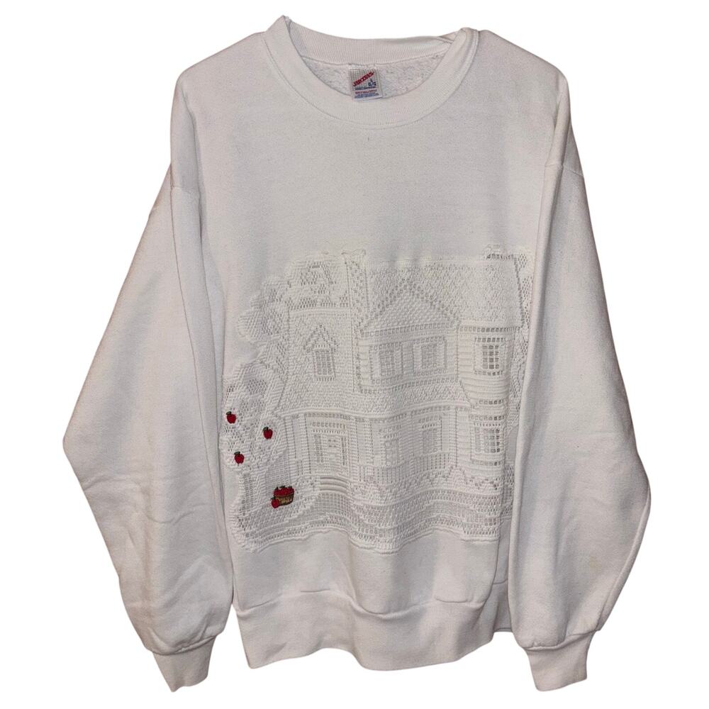 Vintage Jerzees crewneck white sweatshirt house lace appliqué crochet apples (L)